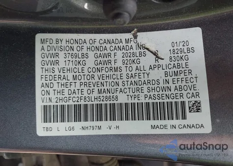 2020 Honda Civic Sport from USA, damaged, VIN 2HGFC2F83LH528658
